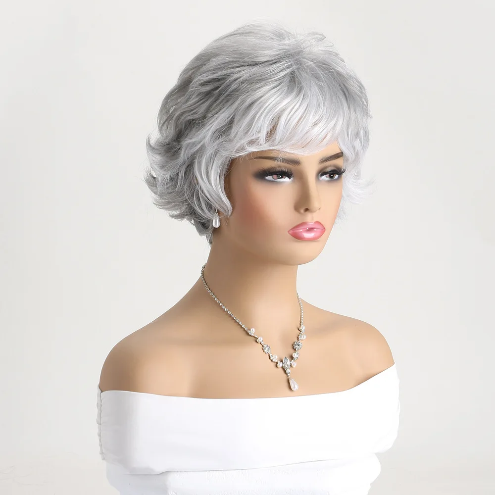 Synthetic Silver Grey Wavy Wigs for Women Short Curly Wig With Bangs Hair Wigs Daily Use Cosplay Fake Hair