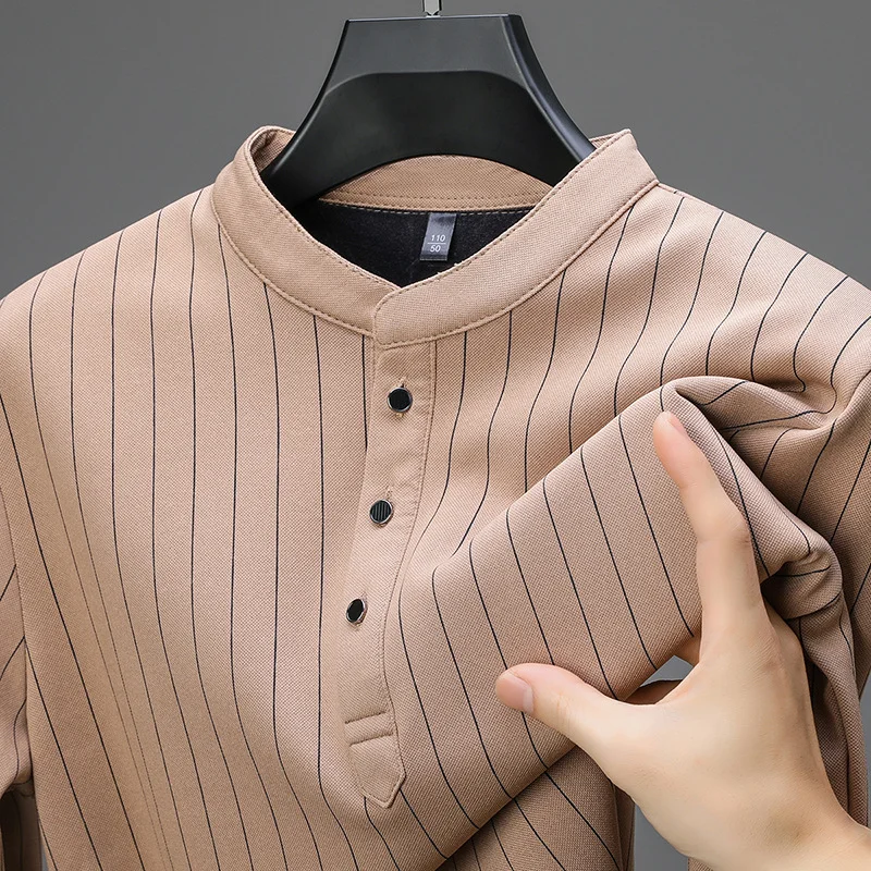 

New Spring and Autumn Men' Long-sleeved Pullover Top Casual Versatile Fashion Stand-up Collar Striped T-shirt