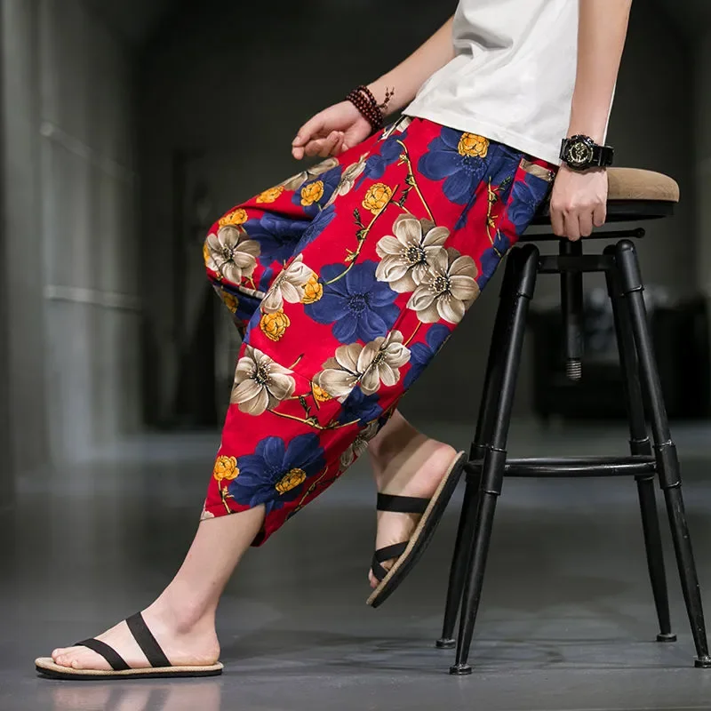 

Men's Chinese Style Floral Print Linen Cotton Cropped Pants Loose Fit Wide Leg Harem Trousers Summer Casual For Men