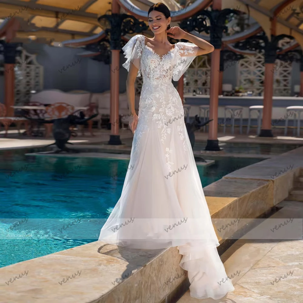 Gorgeous Wedding Dresses A Line Tulle Tiered Bridal Gowns Lace Appliques Flare Sleeves Pretty Vestidos De Novia Customized 2026