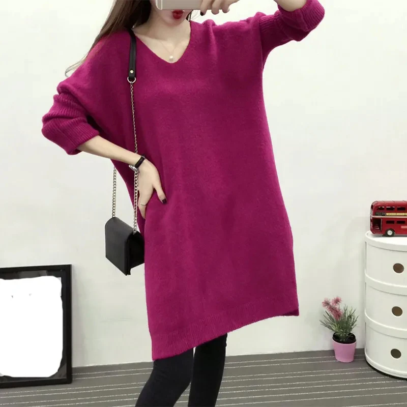 

Hdspq Korean Style Mid-Length Pullovers Women Elegant V-Neck Loose Knit Bottoming Shirt Woman Casual Long Sleeve Jumper Sweater