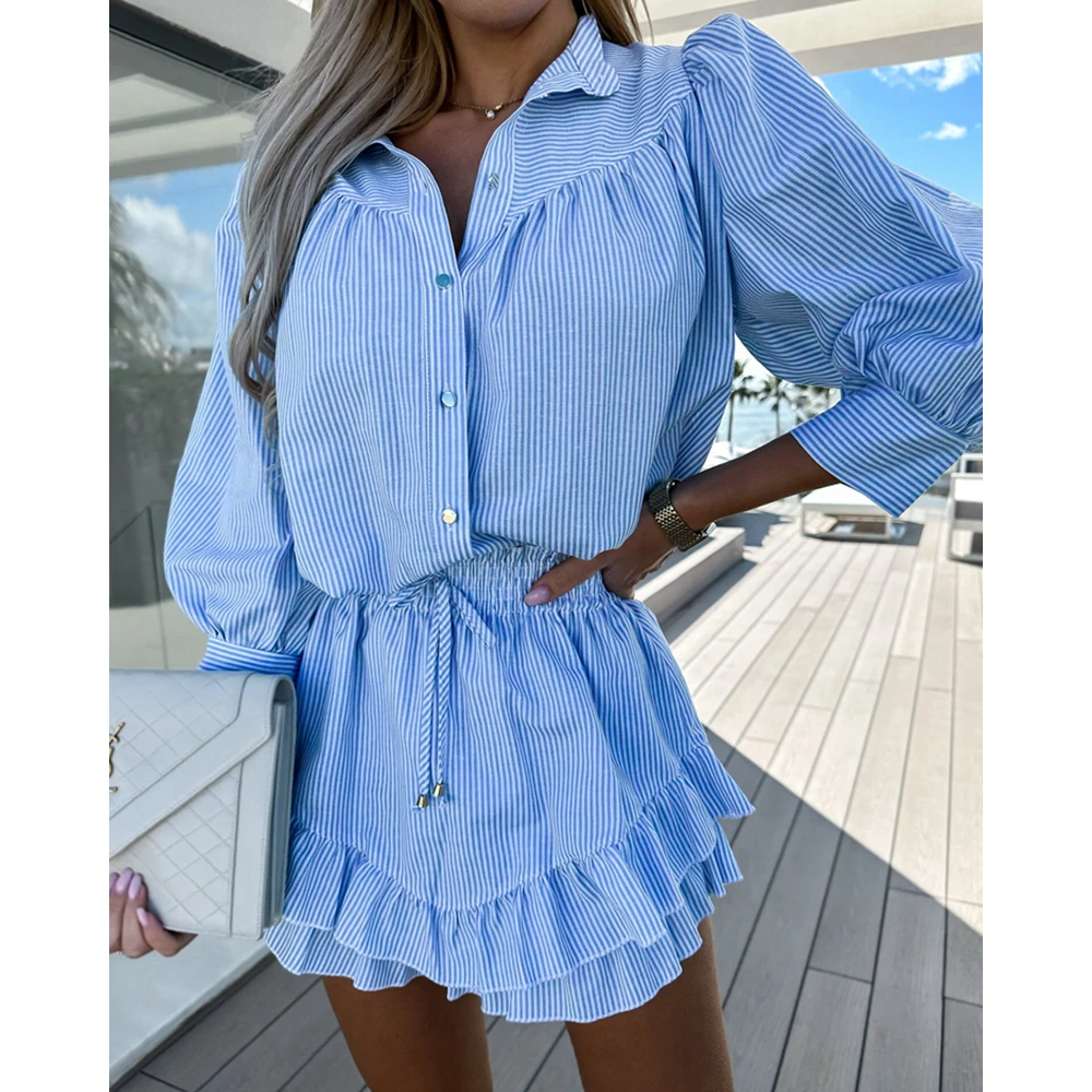 Women Striped Lantern Sleeve Buttoned Shirt & Ruffle Hem Mini Skirts Sets Female Casual Two Piece Set Outfit Mujer Blue Suits