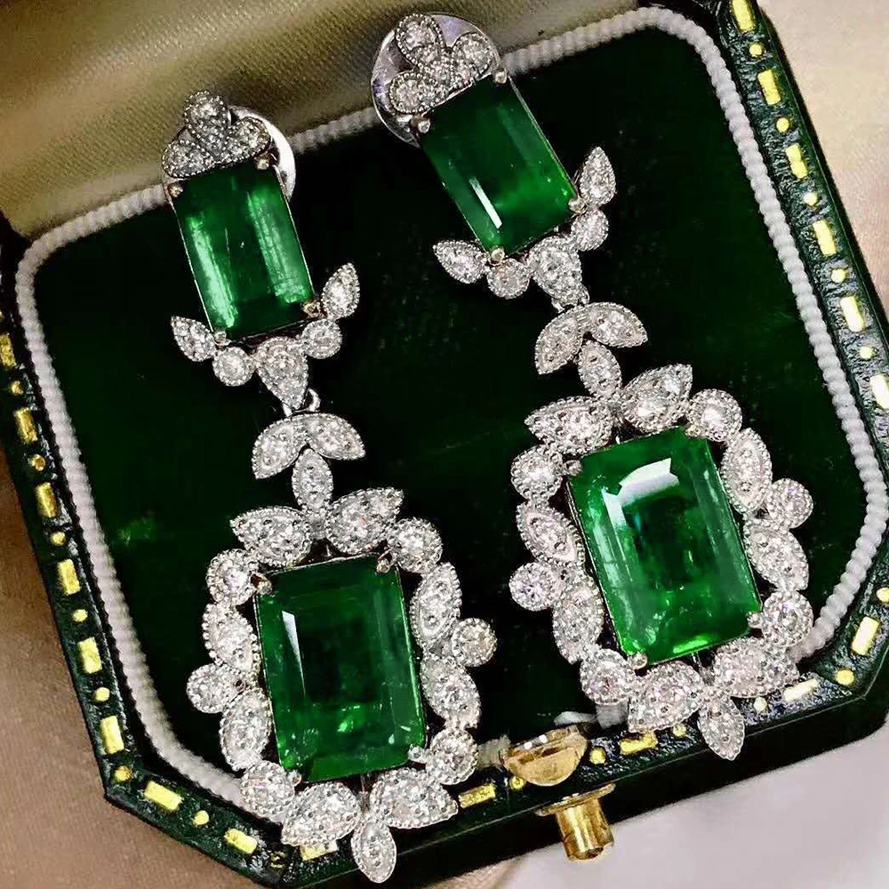 Huitan Luxury Women\'s Long Hanging Earrings with Green Cubic Zirconia Temperament Female Wedding Engagement Party Jewelry 2022