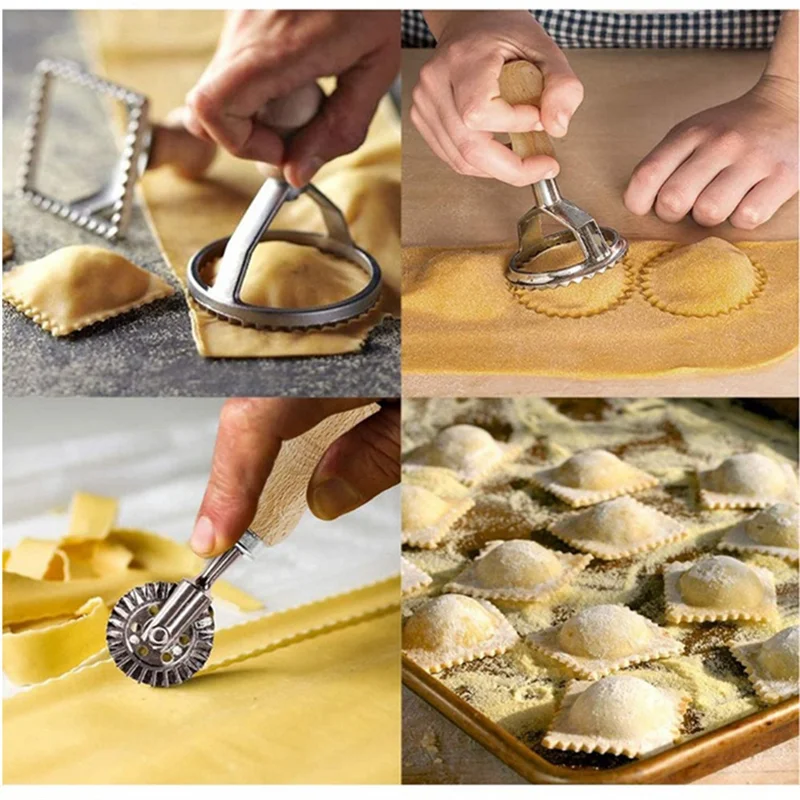 Juego de cortador de pasta para ravioles, máquina para hacer sellos de raviolis con mango de madera para raviolis, pasta, albóndigas, lasaña, Pierogi