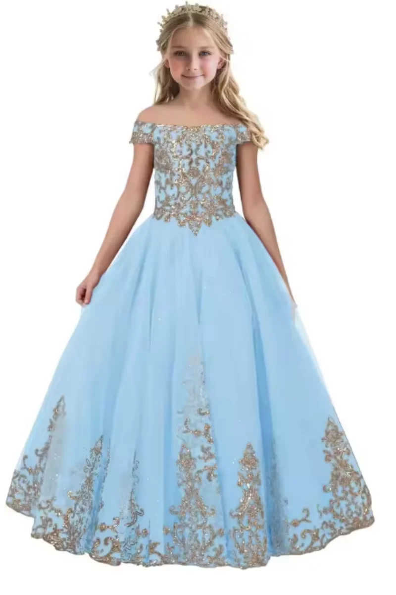 Flower Girl Dress for Wedding Kids Off Shoulder Lace Appliques Princess Pageant Frock Custom Sparkling First Communion Gown