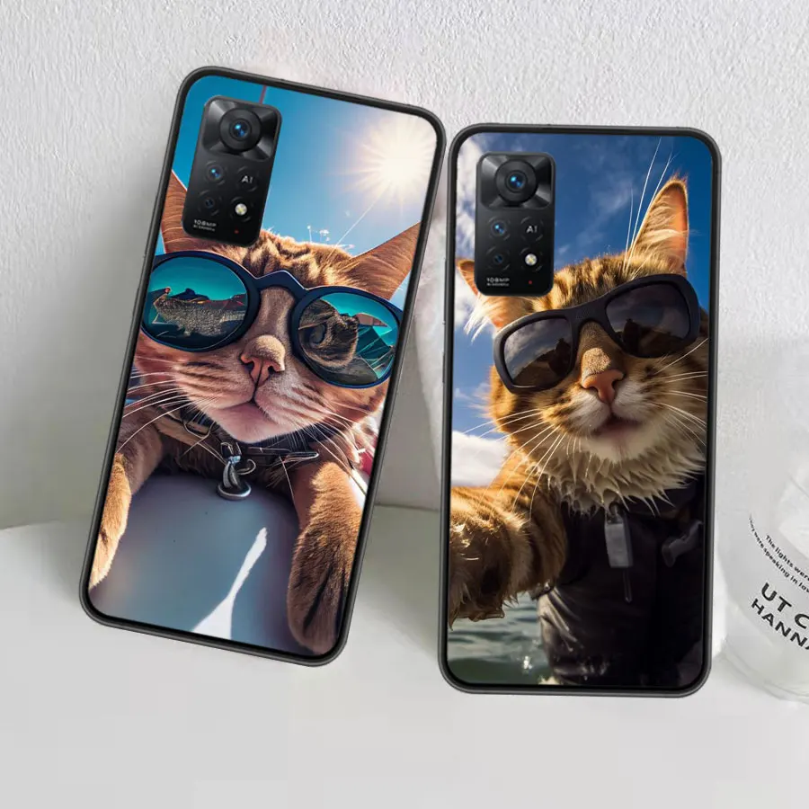 Cute Cat Wearing Sunglasses Phone Case For Redmi Note 13 14 Pro 5G Plus 12 12C 10 10A 10C 9 9A 9C 9T 8 8A 7 7A K60 K70 K40 Pro X