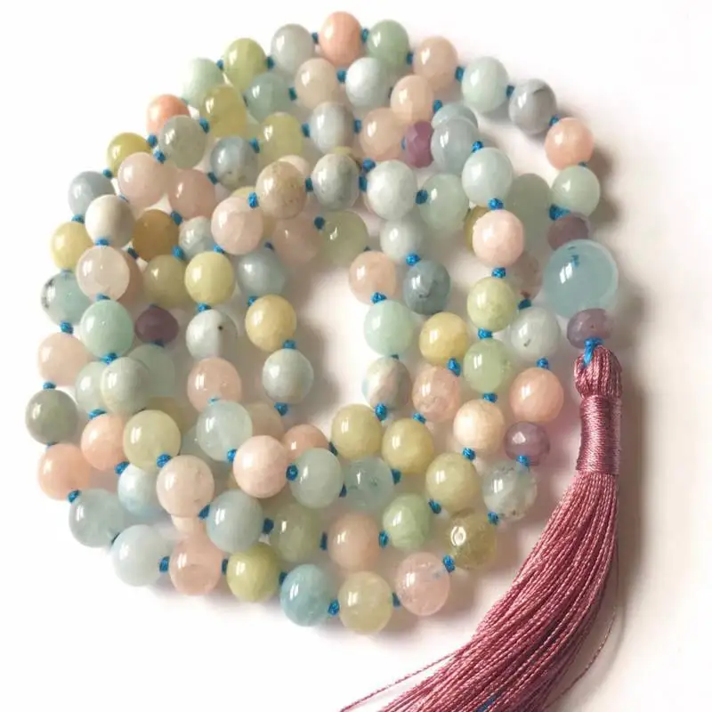 Natural Multi-Color Morganite & Amazonite 108 Beads Mala Necklace with Blush Tassel Spiritual Meditation Jewelry
