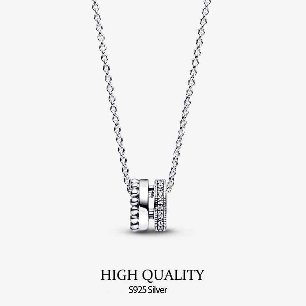 Classic Pan Signature Logo Pavé & Beads Necklace 925 Silver For Women Elegant Romantic Choker Jewelry Valentine's Day Gift