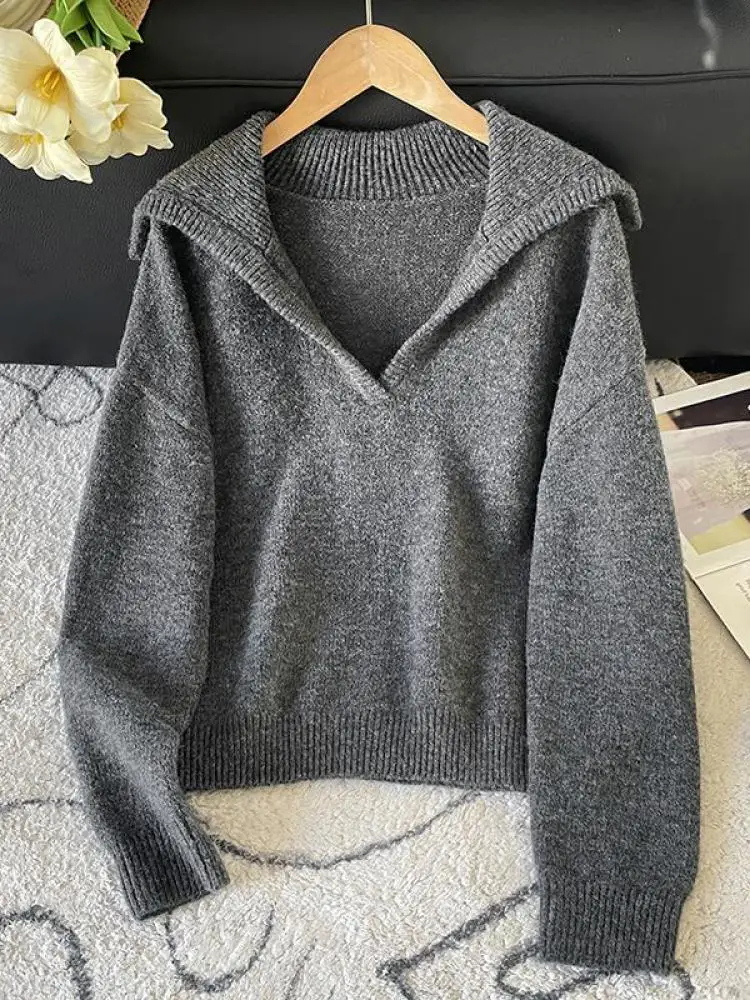 

Korean Retro Women's Grey Long Sleeve Versatile Pullover Sweater Autumn Winter Elegant Office Lady Short Knitted Tops Simplicity