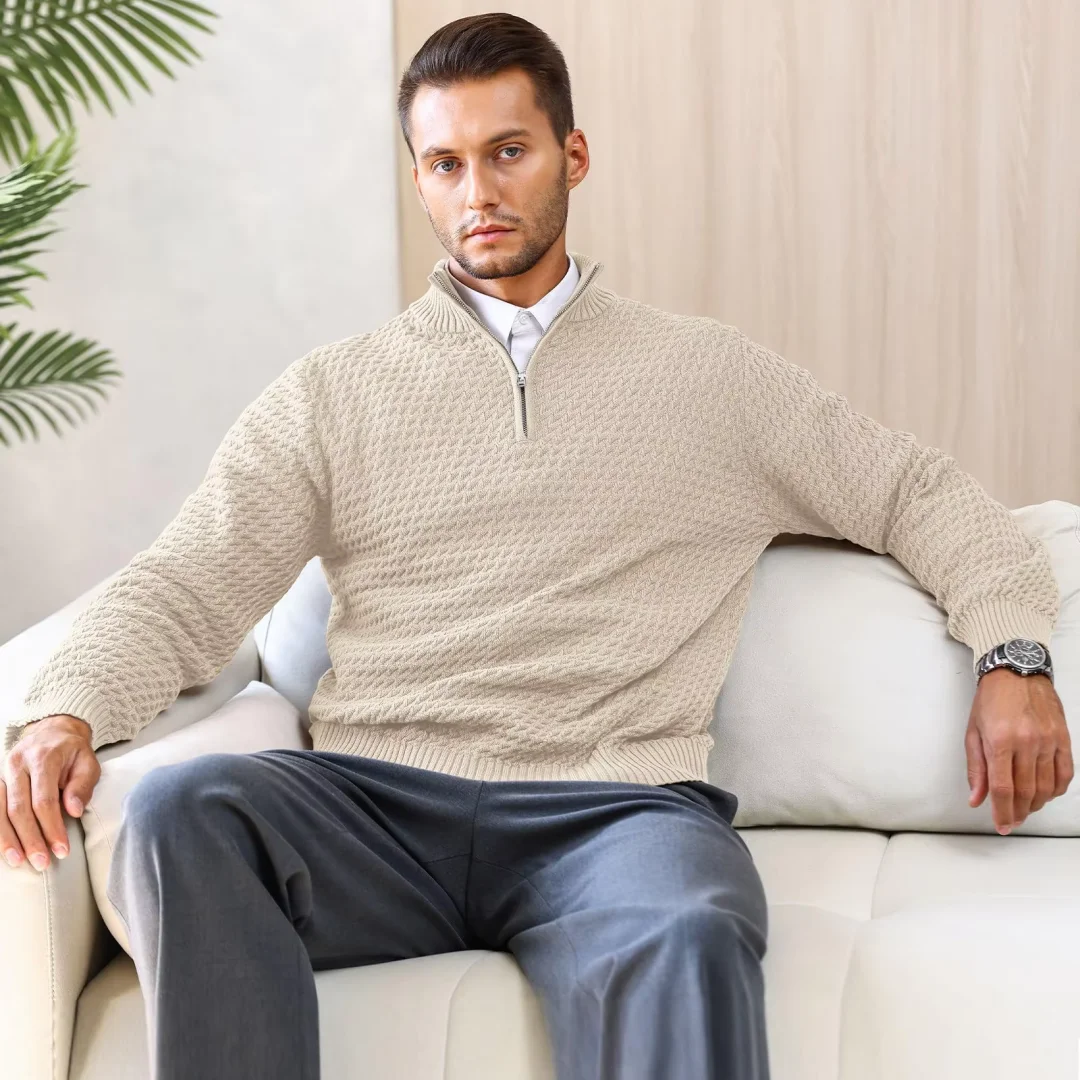 Slavinson Men's Sweater 2025 New Winter Casual Knitted Zip Sweater Mock Neck Pullover Ribbed Knit Casual Pure Color Top US Size