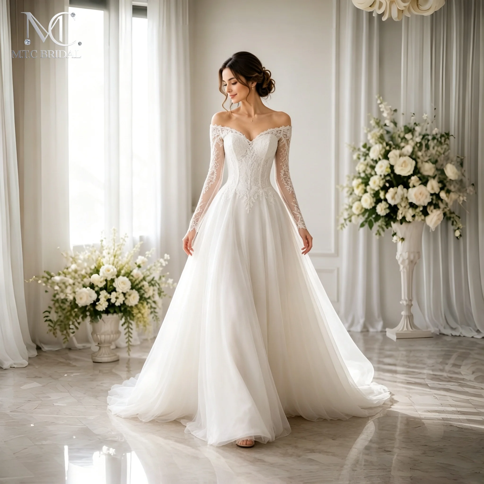White Graceful Long Sleeves Wedding Dress Off The Shoulder Lace Up Back A Line Tulle Wedding Gowns For Bride Robe De Mariee