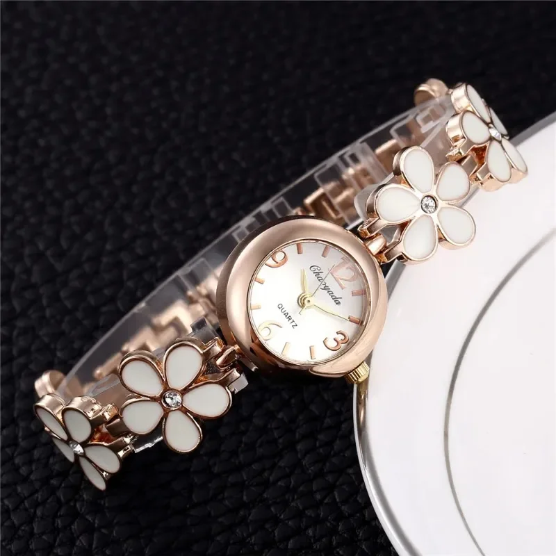 Fashion Women Floral Bracelet Watch Small Rose Gold Dial Metal Band Analog Quartz Wristwatch Elegant Charming Ladies Watch Gift