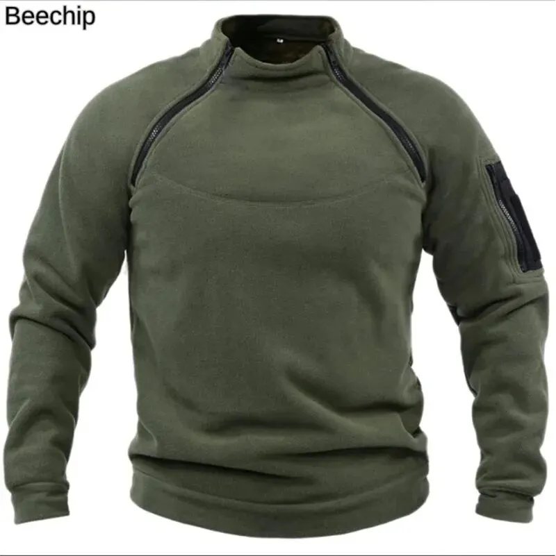 Men\'s Outdoor Warm And Breathable Tactical With Zipper Design, Standing Neck, Long Sleeves, Thickened Solid Color Sweater