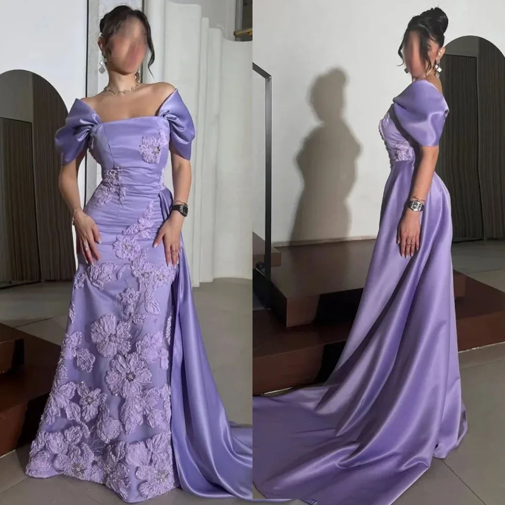 

Индивидуальное высокое качество с открытыми плечами без бретелек длиной до пола, со шлейфом и аппликацией, фиолетовое плюс женское вечернее платье с ремешком сзади