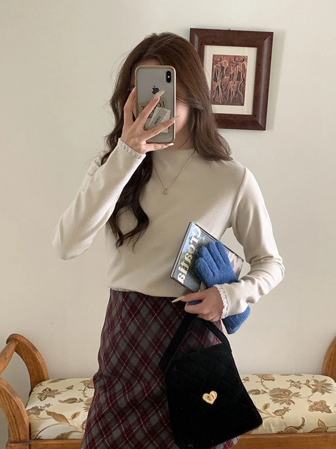 

Soft Lace Trim Fce Lined Long Sve T-irt Women's Autumn Winter Slim Fit Base irt round Ne High Waist Breathable