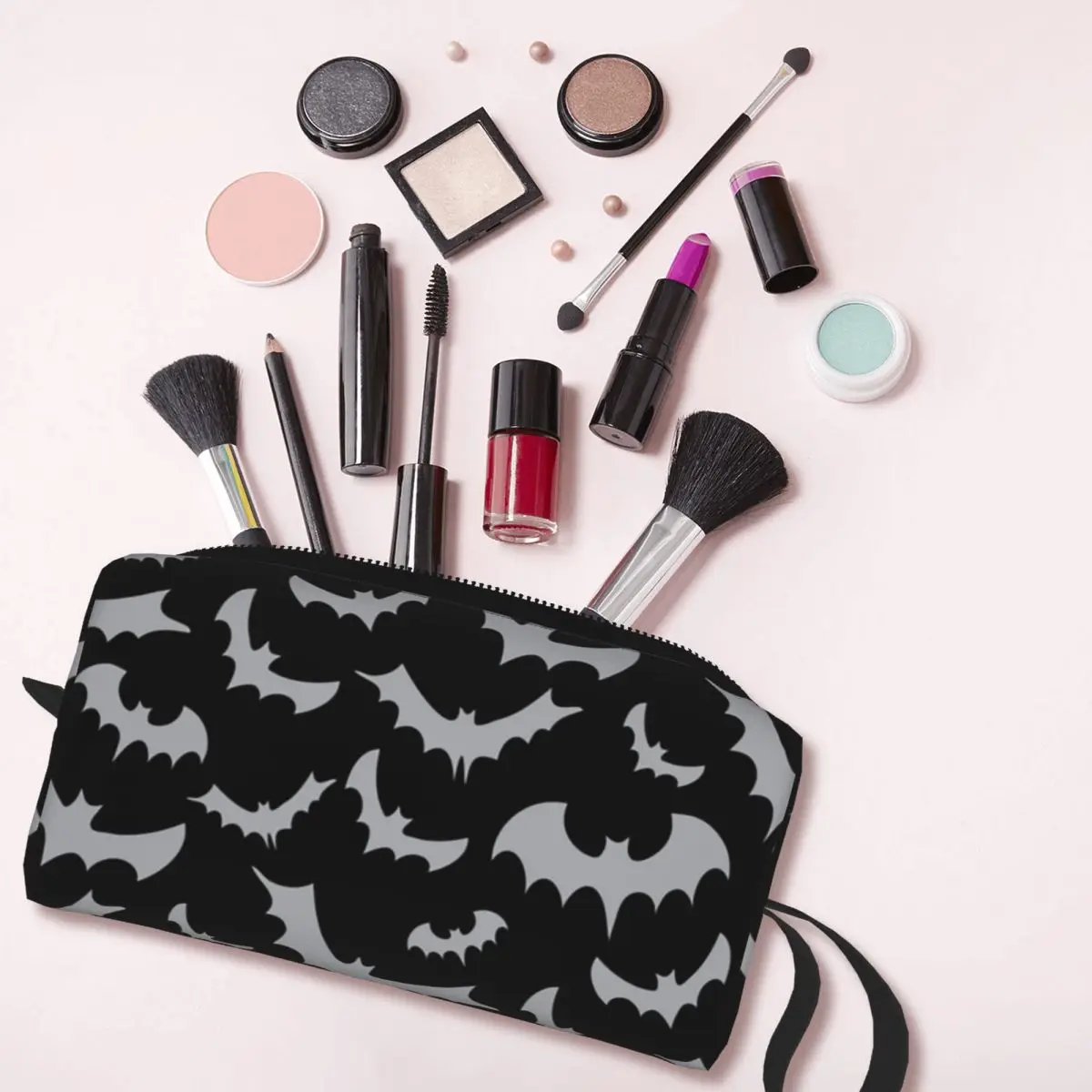 Custom Enchanted Bats In Light Gray On Black Toiletry Bag Women Goth Occult Witch Makeup Cosmetic Bag Beauty Storage Dopp Kit