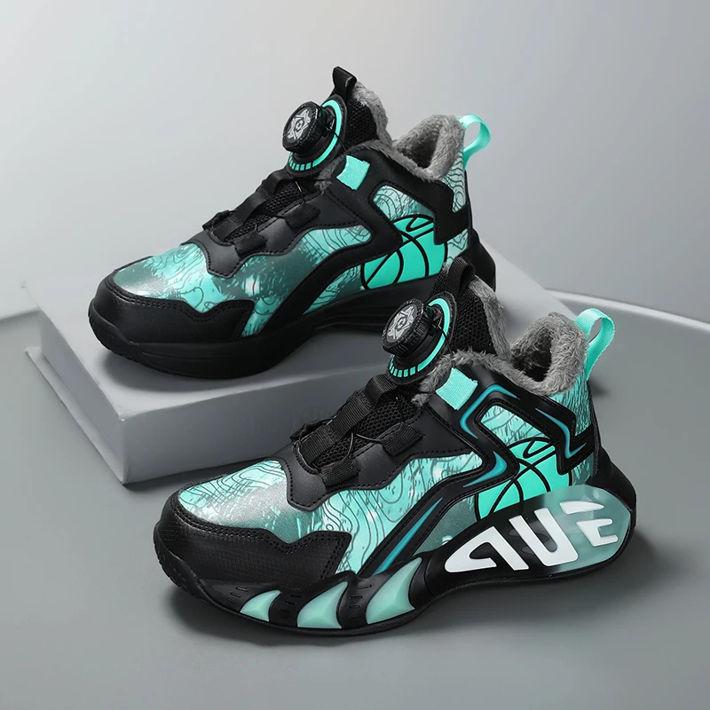 

New winter boys' sports shoes rotating buckle children's basketball shoes thickened warm and fleece cotton shoes