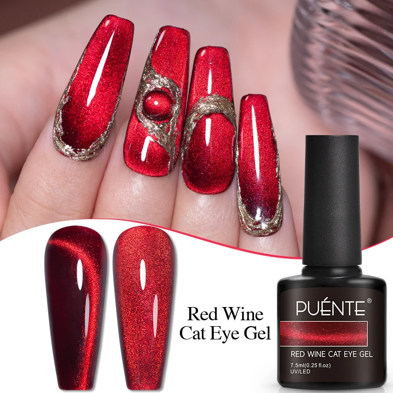PUENTE 7.5ML Wine Red Magnetic Cat Eye Gel Nail Polish With Magnet, Super Shiny Ruby Red Magnetic Nail Gel, Soak Off UV/LED Lamp Curing, Glossy Varnish, Hypoallergenic Nail Salon Quality Polish for Skin, Gift for Women gallery 1
