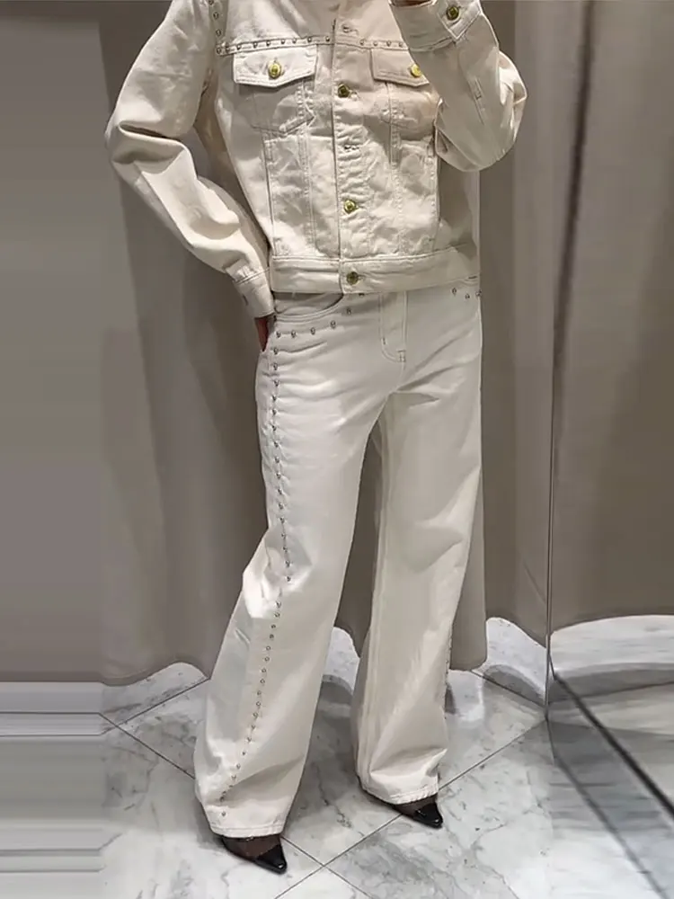 

Metal Rivets Women Denim Pants Straight Baggy Low Waist Jeans Trousers 2025 Retro Distressed Dragging Designer High Street Pants