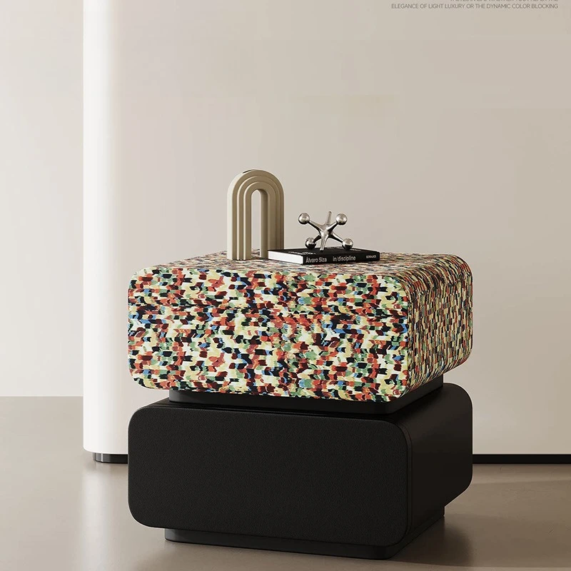 Minimalist Leather Nightstand with Rainbow Mosaic Design Solid Wood Bedside Cabinet Creative Storage for Bedroom Decor Modern