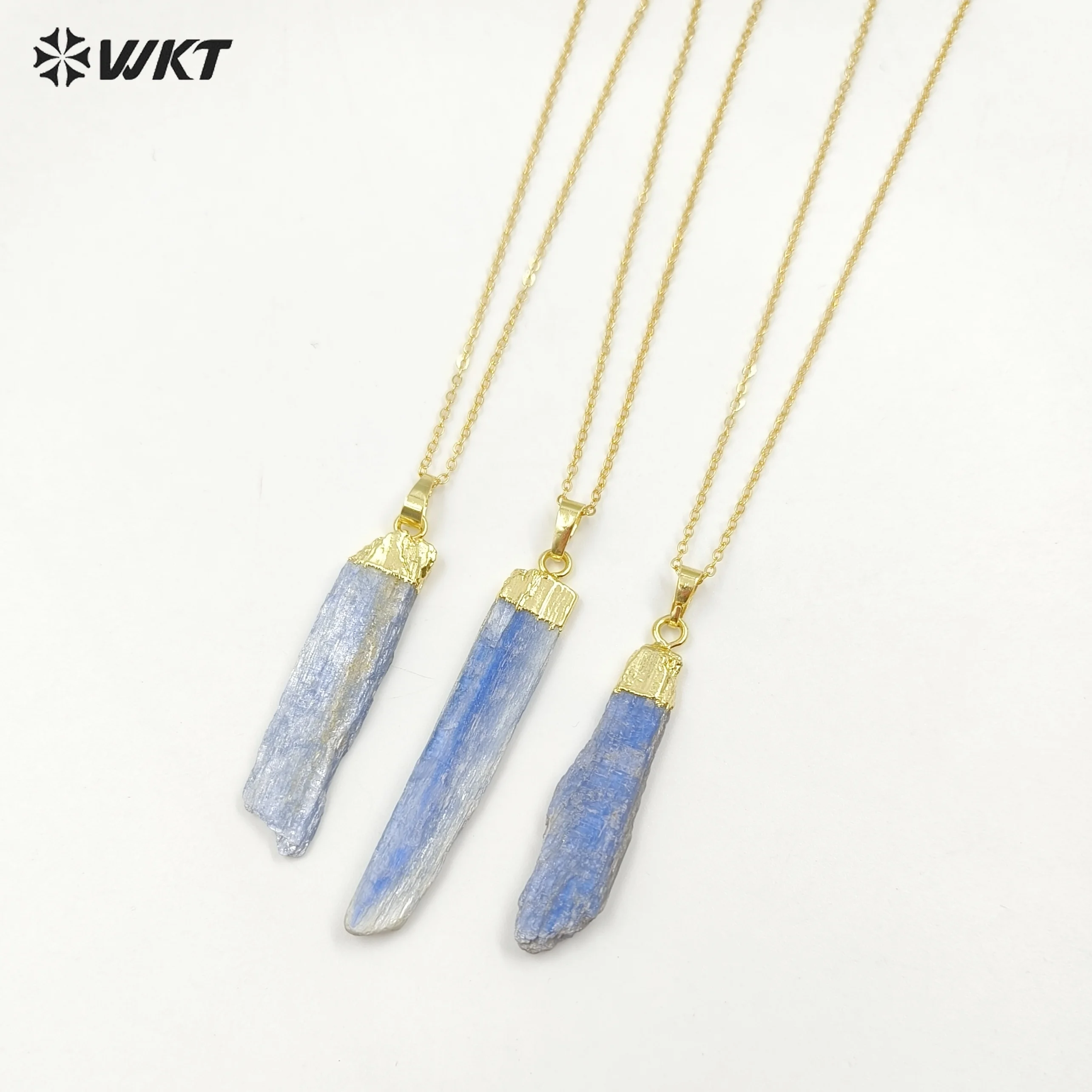 WT-N451 Wholesale Fashion Gold Plated on Top Natural Blue Kyanite Raw Stone Necklace Long Straight Randomly Gemstone