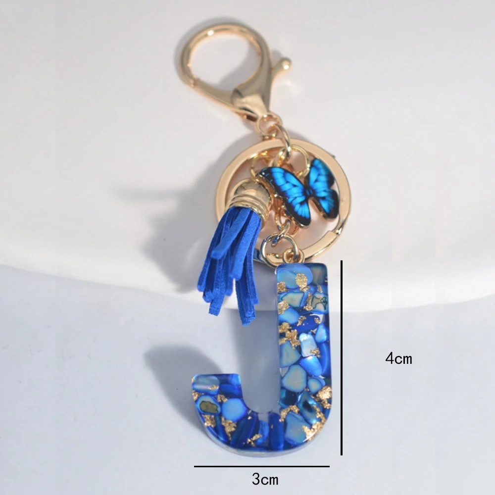 Blue Alphabet Initial Letter Keychain Cute Butterfly Resin Key Chain Ring Bag Backpack Charm Car Key Pendant Women Daily UseGift