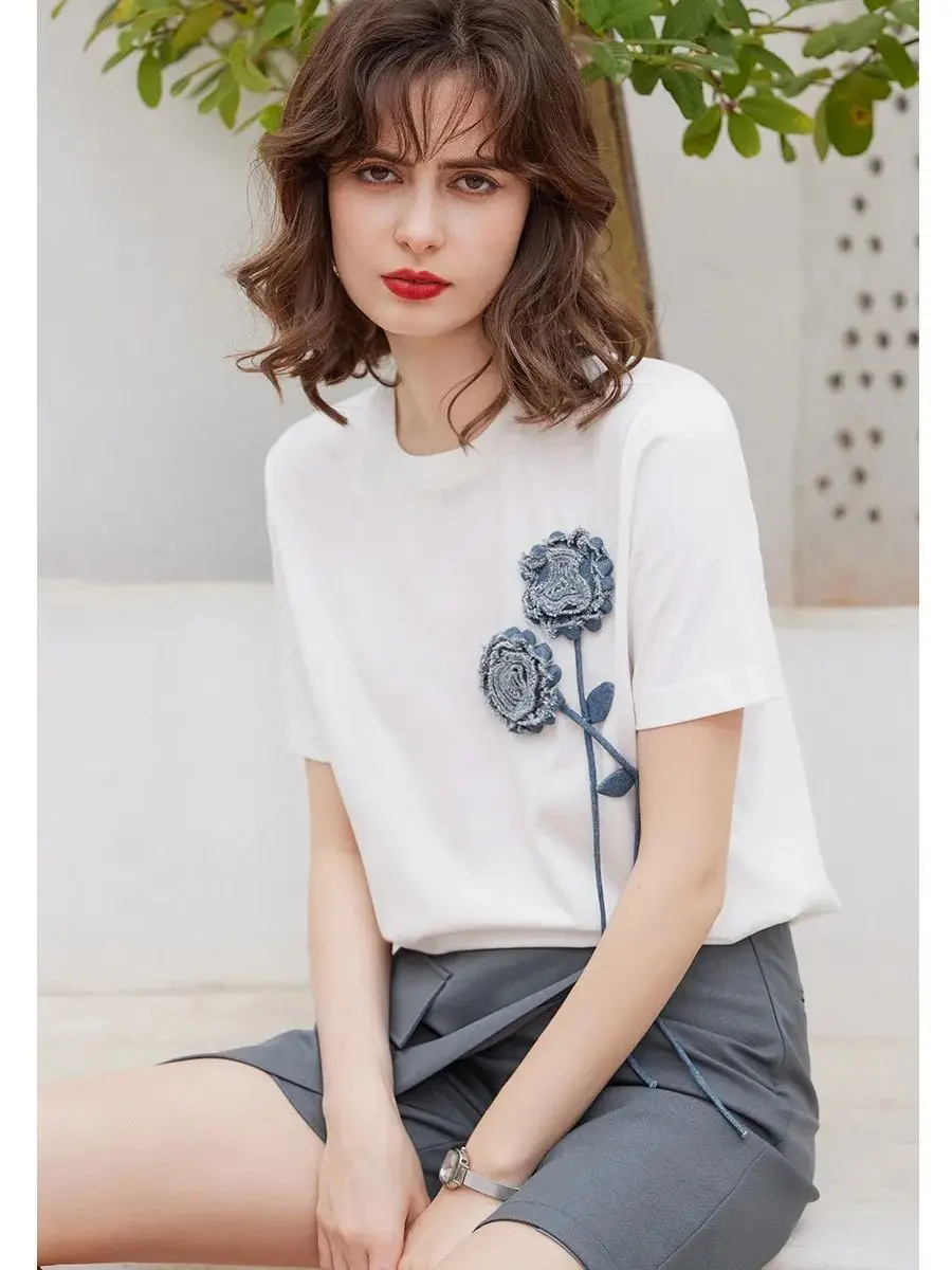 LOUIS YAO Women T-shirt 2024 Summer Casual Tee 3D Flower Loose O Neck Short Sleeve Basic Pullover Top