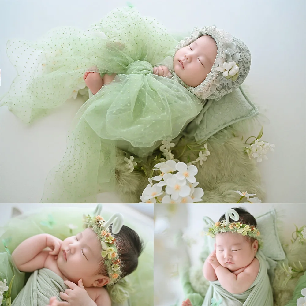 

Green Fresh Newborn Photography Props Floral Headband Swaddle Wrap Lace Pillow Butterfly+flower Decor for Baby Milestone Photos