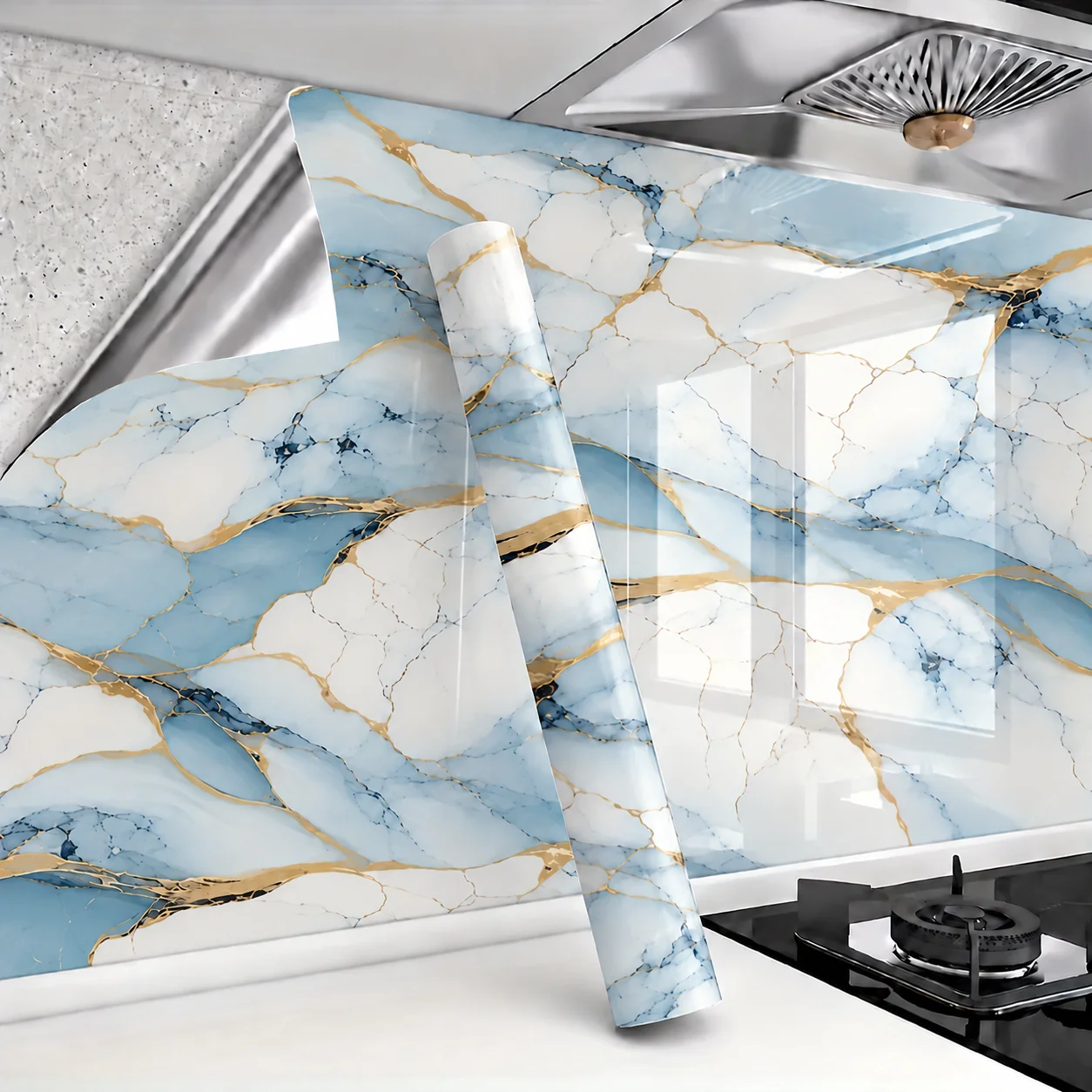 Faux Marble Oil-Proof Sticker PVC Wallpaper Heat-Resistant Suitable For Kitchen Cabinets Countertops And Stovetop Areas.