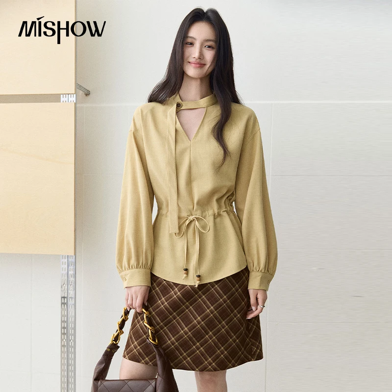 MISHOW Women's French Hollow Out Tie Collar Shirts 2026 Autumn Korean Yellow Long Sleeve Drawstring Waist Shirts MXF42X2789
