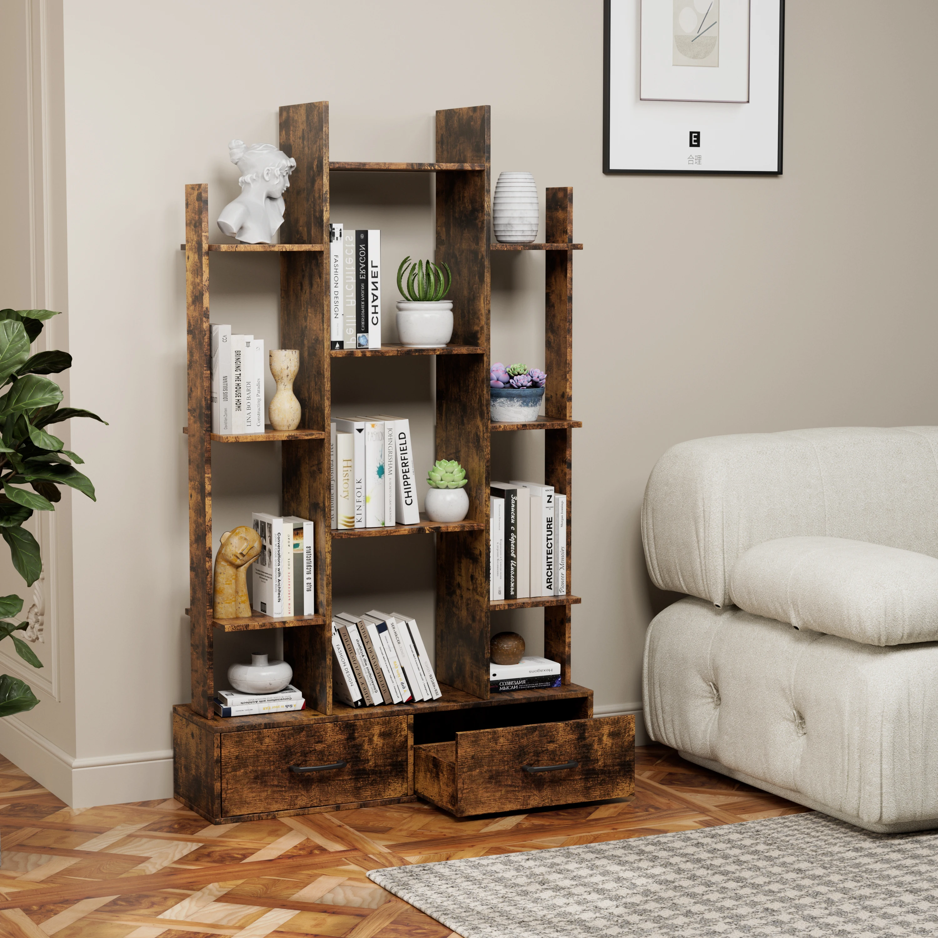 Étagère industrielle autoportante avec 2 tiroirs, 12 étagères ouvertes, bibliothèque vintage en forme d'arbre pour salon, chambre à coucher, bureau à domicile, marron rustique, design robuste anti-basculement, 33,9" L x 9,9" W x 55,3" H