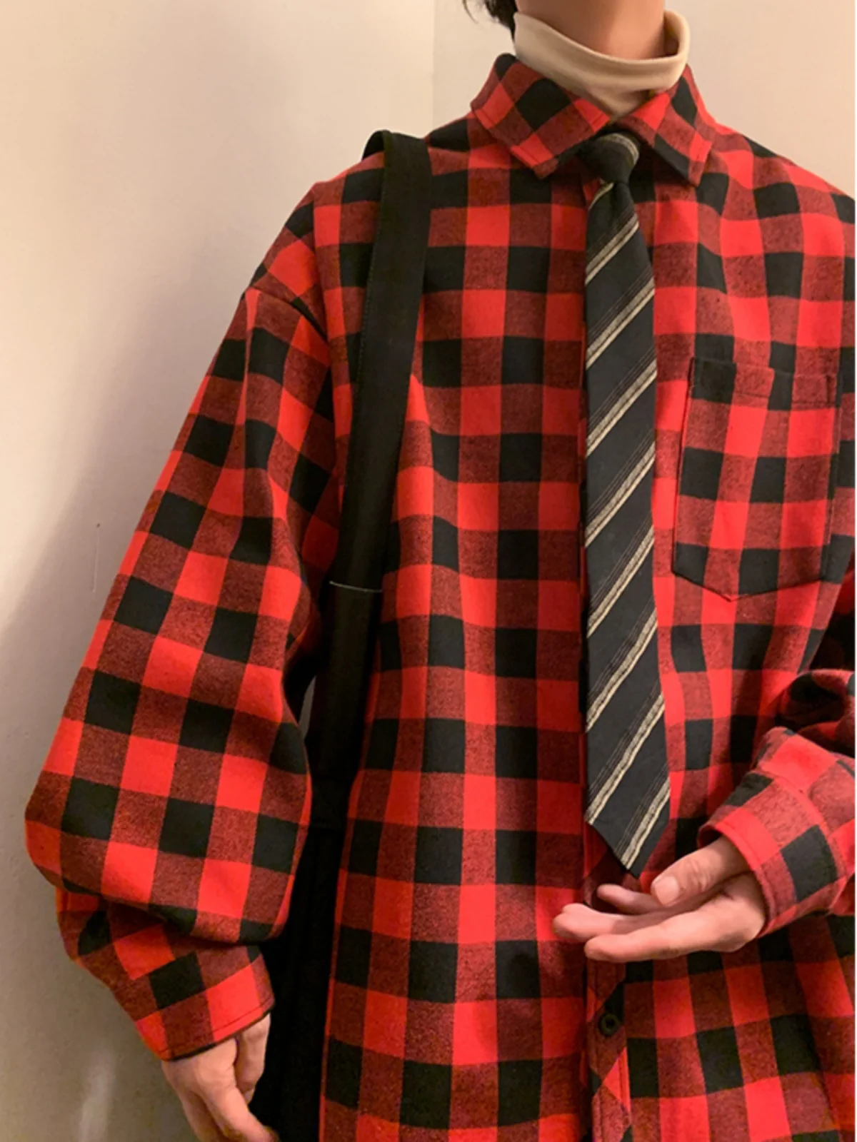 

Spring Lazy Sle Long Sve Men's irt Casual Loose All-Match Couple Plaid irt Polyester Cotton Viscose Blend Four Seasons