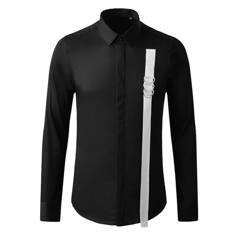 

Хлопковые мужские рубашки с металлической лентой и украшением, брендовая повседневная рубашка с длинным рукавом, тонкие рубашки для банкетов и вечеринок, мужская одежда