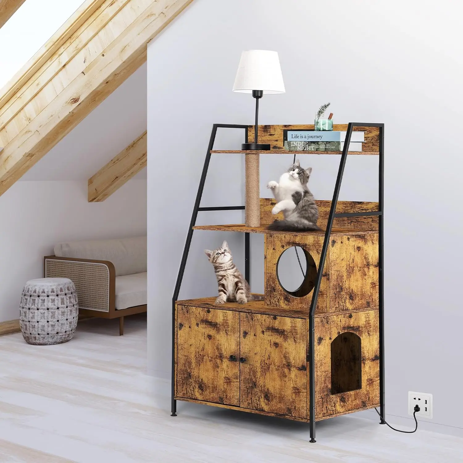 Cat Litter Box Enclosure with 2 Storage Shelves Enclosure Furniture with Charging Station,Cat Washroom with Cat Tree Tower