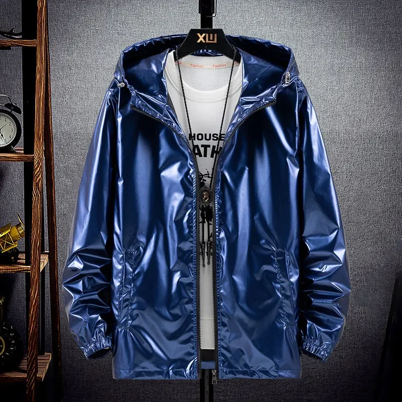 Men Shiny Jacket Shiny Silver Bright Hooded Zipper Bomber Jacket Autumn Thin Harajuku Windbreaker Waterproof Coats Z397