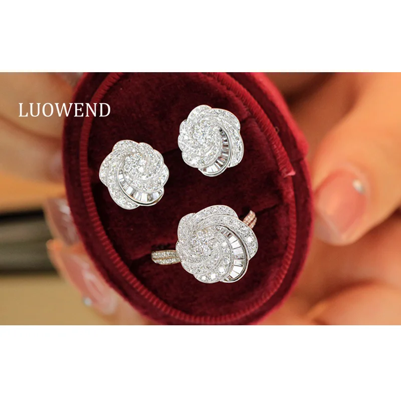 LUOWEND 100% 18K White Gold Earrings Luxury Flower Shape Real Natural Diamond Earrings&Ring for Women High Party Jewelry Set