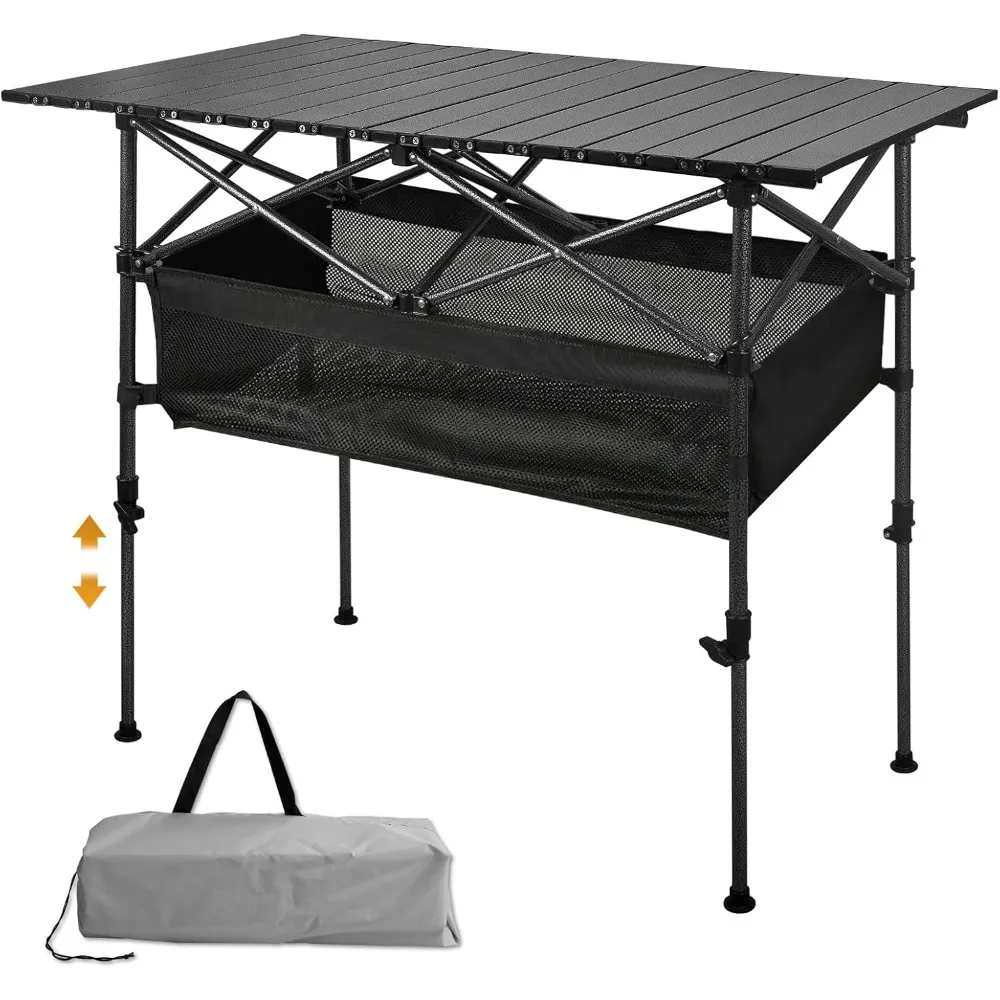 Folding Camping Table, Outdoor Roll-up  Height Adjustable Metal, (Ash Black, 37.4'' Large), Outdoor Tables