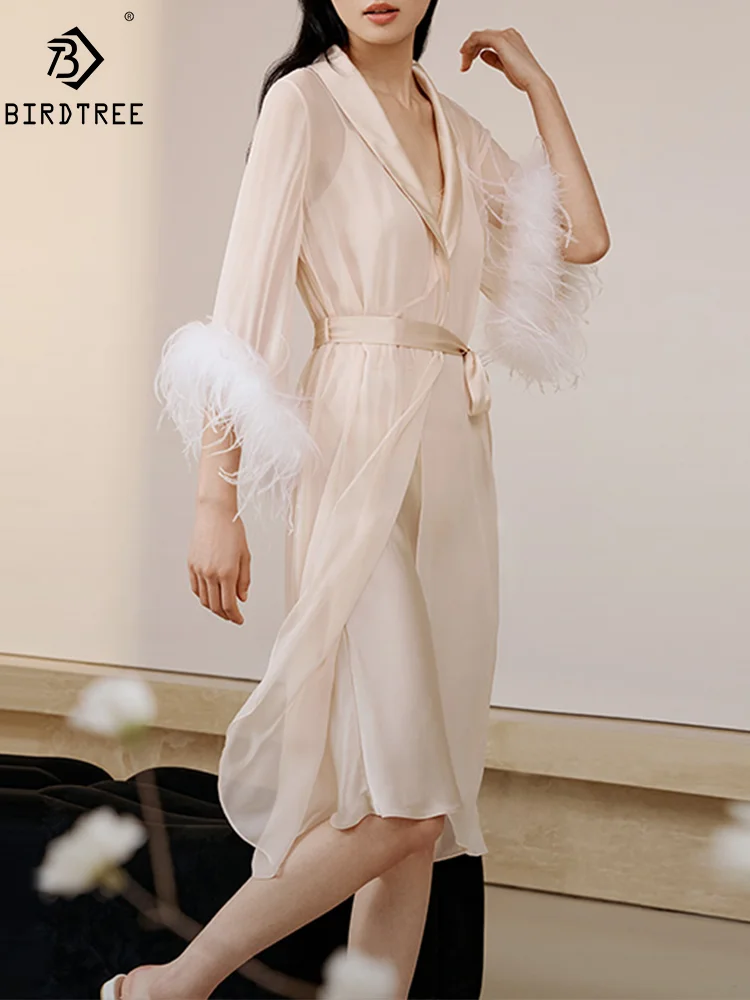 

Birdtree, 100%Real Silk Sleeping Robe Dress, Women Feather Sleeve, Sash French Luxurious Night-robe, Summer Autumn P479103QM