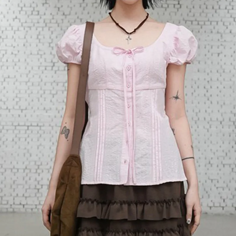 

Французская сладкая и пряная рубашка с тонкой талией и круглым вырезом с рукавами-пузырьками, простой топ с галстуком-бабочкой для колледжа