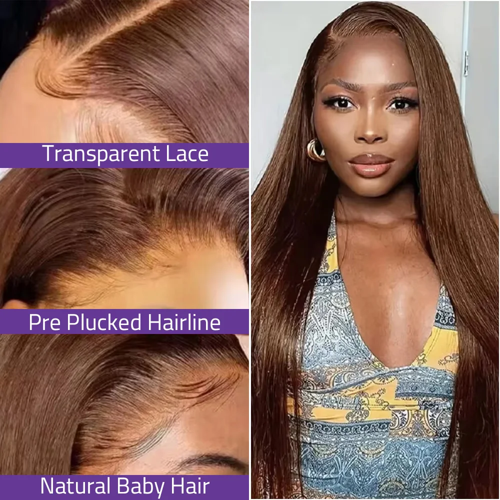 วิกผมตรงแบบ Bone Straight 13x6 Lace Frontal ขนาด 36 นิ้ว ความหนาแน่น 200 # วิกผมบราซิลแบบ HD Lace Front สีน้ำตาลช็อกโกแลต 4 ชิ้น ทำจากผมแท้ 100% สำหรับผู้หญิง