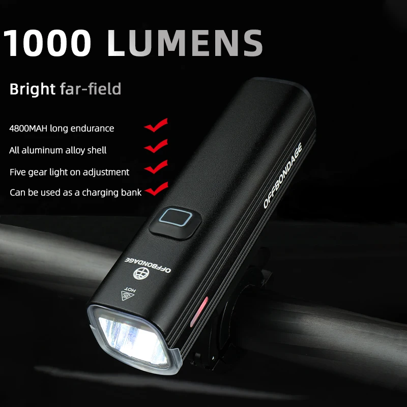 OFFBONDAGE Bike Front Light USB Rechargeable Rainproof Bicycle Light 1000Lumen MTB Front Lamp LED 4800mAh Flashlight Bike Lamp