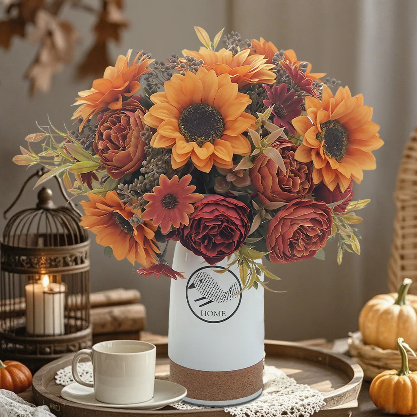 Ramo de peonías realistas de girasoles artificiales, Margarita de seda para el hogar, habitación, boda, Halloween, decoración interior y exterior de otoño