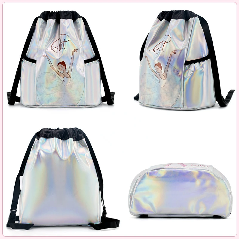 Girls Laser Shiny Ballet Dance Bags Kids Training Shoulder Gym Backpack Child Elastic Band Storage Bag High-capacity Handbag