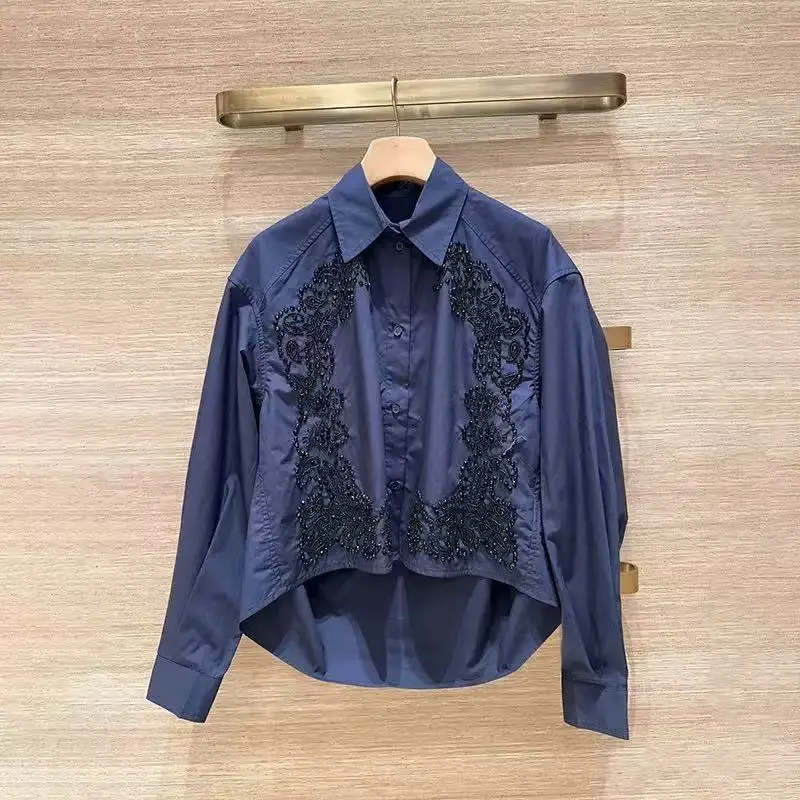 

Bead Embroidery Decoration Women Shirt Dark Blue Single Breasted POLO Collar Loose Long Sleeves Tops 2026 Early Spring
