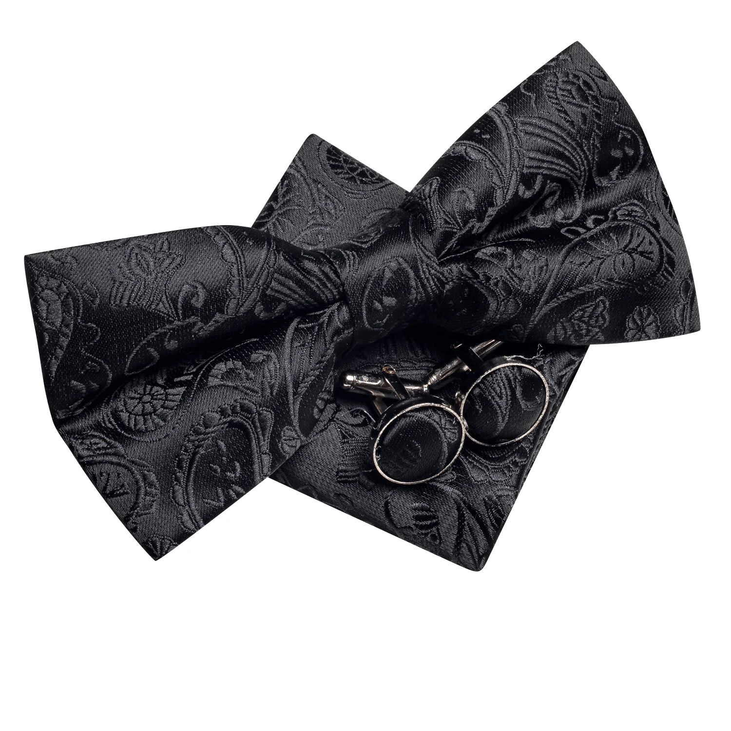 Hi-Tie Black Paisley Floral Solid Silk Pre-tied Mens Bowtie Hanky Cufflink Set Bow Tie Cravat for Male Jacquard Wedding Business