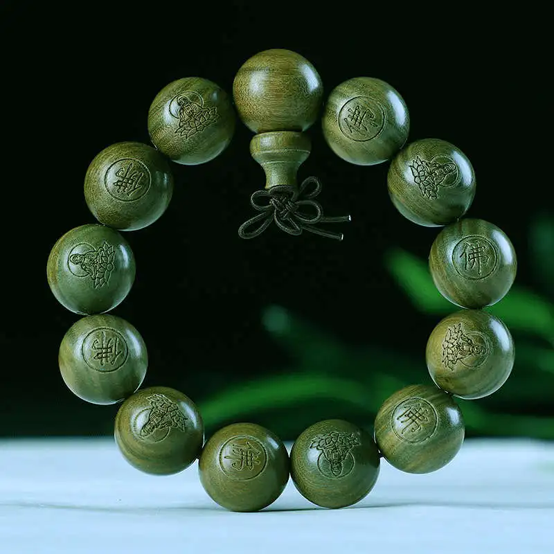 Buddhist GuanYin FO Buddha Prayer Malas Green Sandalwood Beaded Bracelets 10mm 12mm 15mm 18mm 20mm BRO864