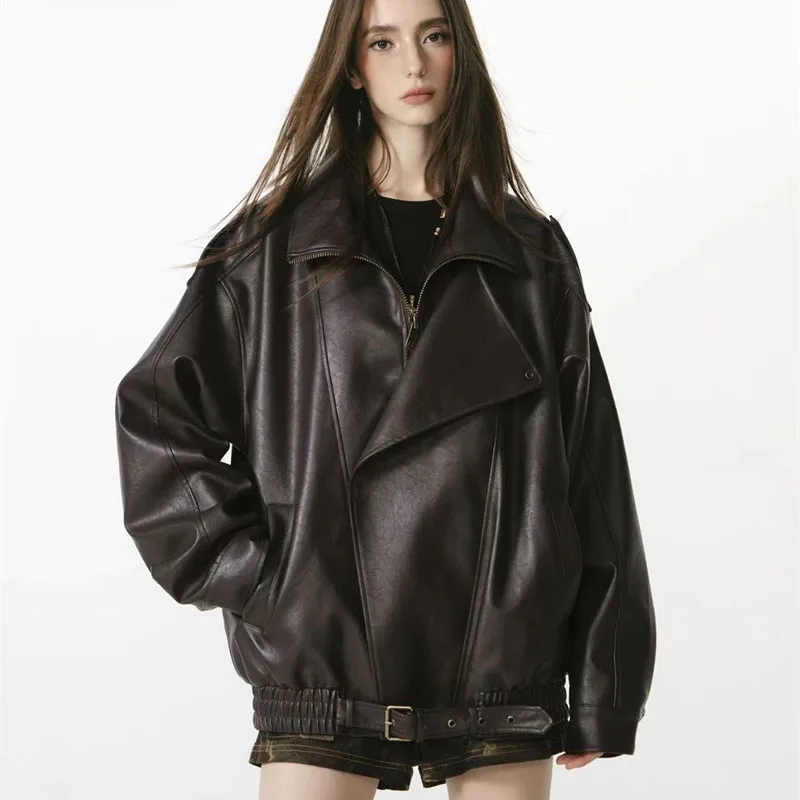 Giacca da donna in pelle a maniche lunghe autunno donna coreana cappotto casual in pelle PU inverno moda femminile addensare capispalla in ecopelle