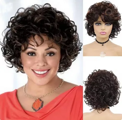 Parrucca sintetica per capelli castani corti per donna Parrucca afro riccia con frangia Parrucca da festa quotidiana naturale morbida e soffice resistente al calore