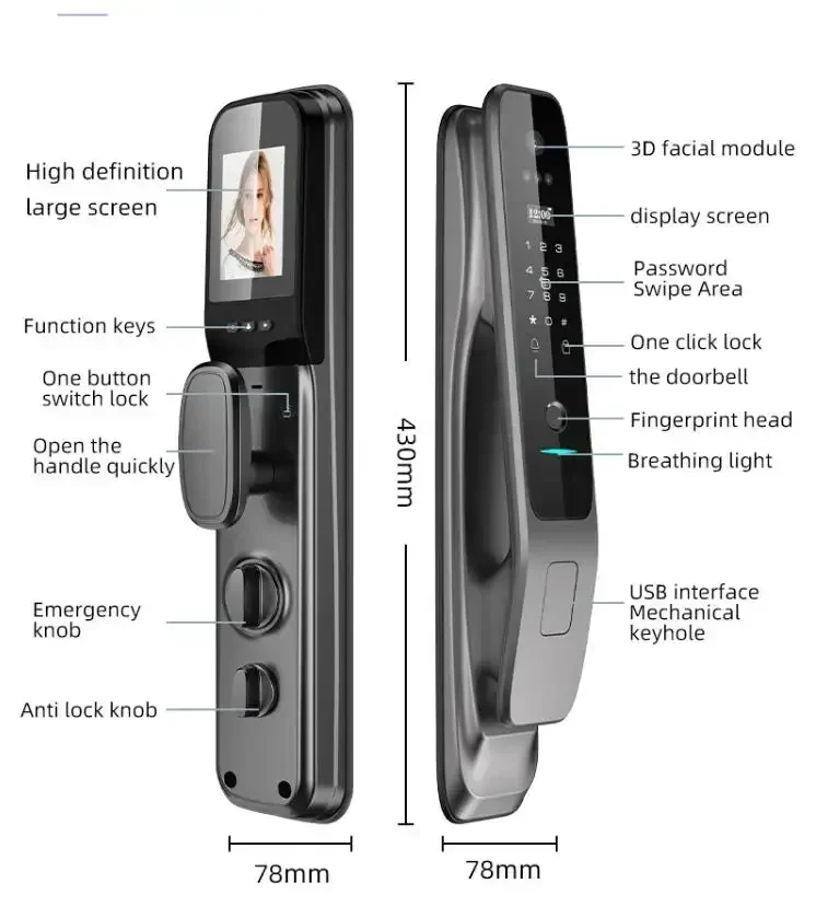 Imagem -06 - Tuya-smart Wifi Door Lock com Reconhecimento Facial Impressão Digital Chave de Senha Desbloquear 4200mah Bateria 3d Tela Colorida de 40