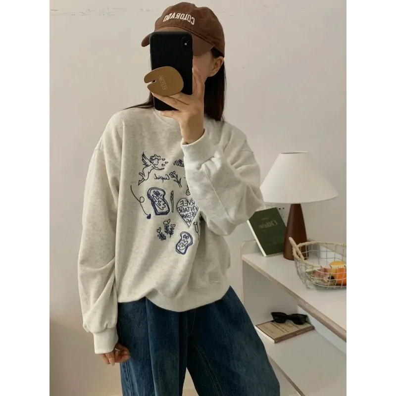 South korea Dongdaemun Embroidered Angel Rabbit Letter Gray Pullover Hoodie Women Autumn New Preppy Loose Casual